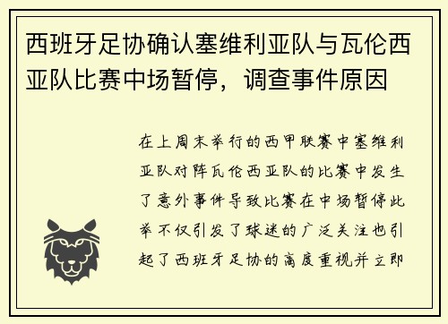 西班牙足协确认塞维利亚队与瓦伦西亚队比赛中场暂停，调查事件原因